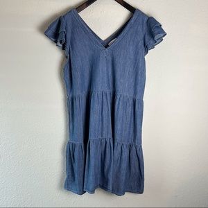 Gibson Latimer V-Neck Cap Sleeve Ruffled Tier Chambray Dress - XL